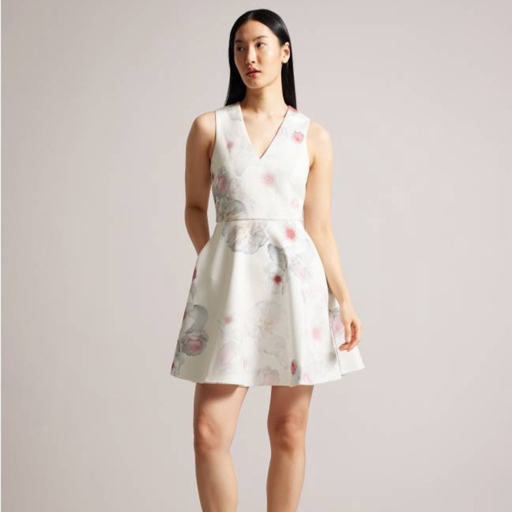 Ted Baker Emleey Printed Skater Flare V Neck Dress with Pockets